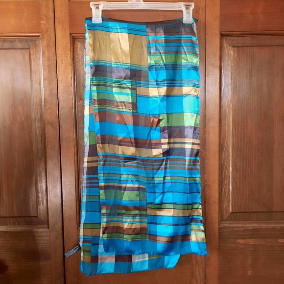 Vintage satin metallic blue brown print mod scarf - Picture 8 of 8